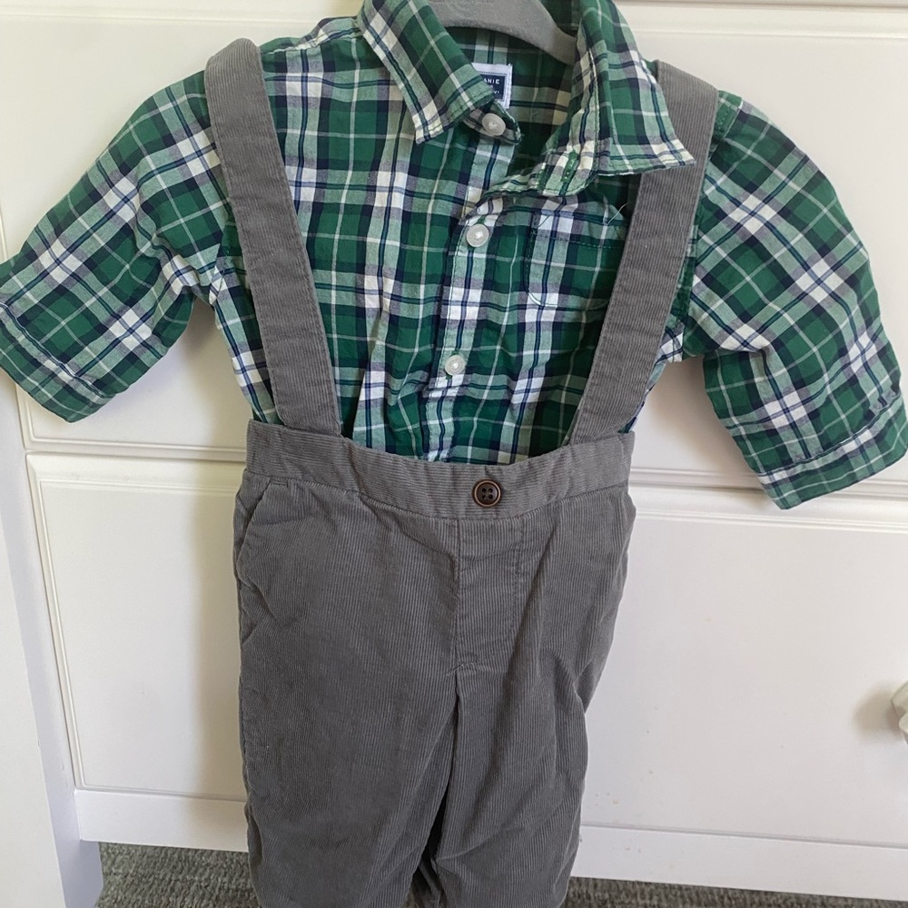 Janie and Jack Green and Gray Overalls